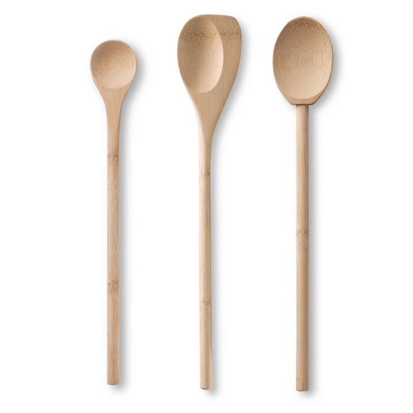 A bamboo Tasting Spoon, Spoontula, and Mixing Spoon are shown on a white background.