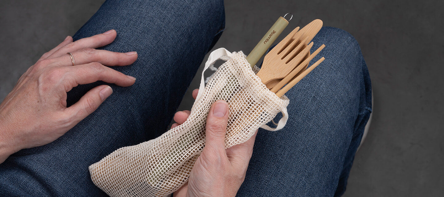 A bamboo fork, chopsticks, and a straw are shown. These items are part of the Eat/Drink Tool Kit.