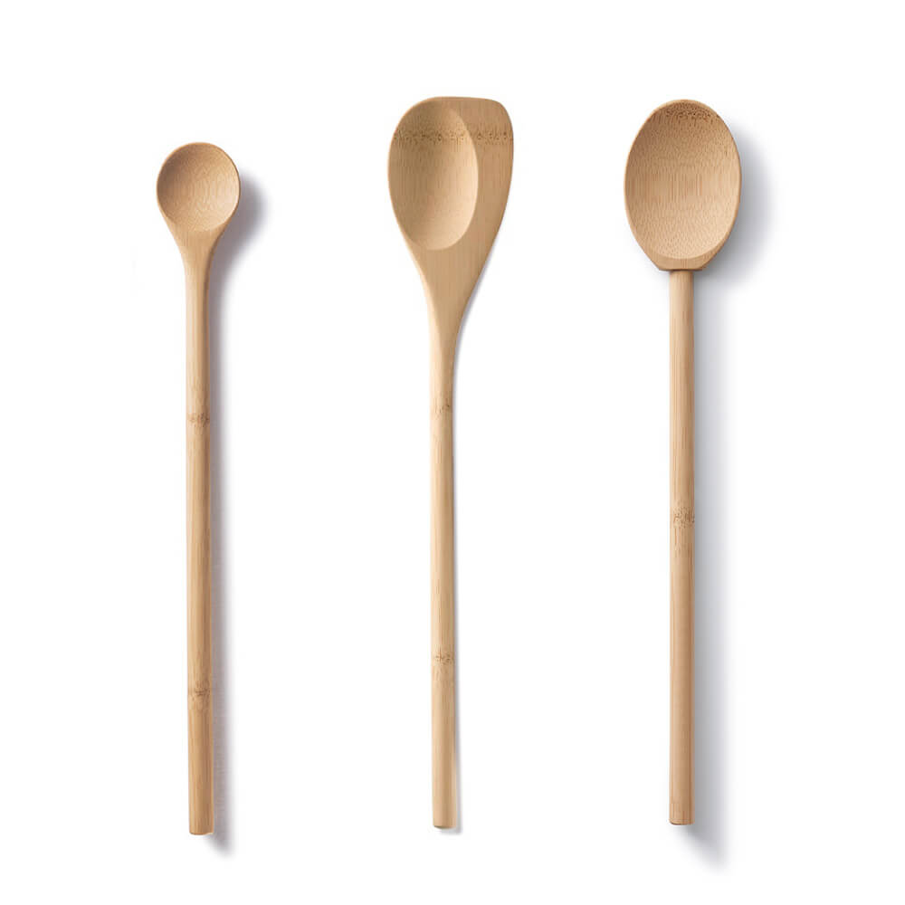 A bamboo Tasting Spoon, Spoontula, and Mixing Spoon are shown on a white background.