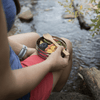 A person in shorts sits creekside, using a bamboo large spork to eat a meal from a stainless food tin.