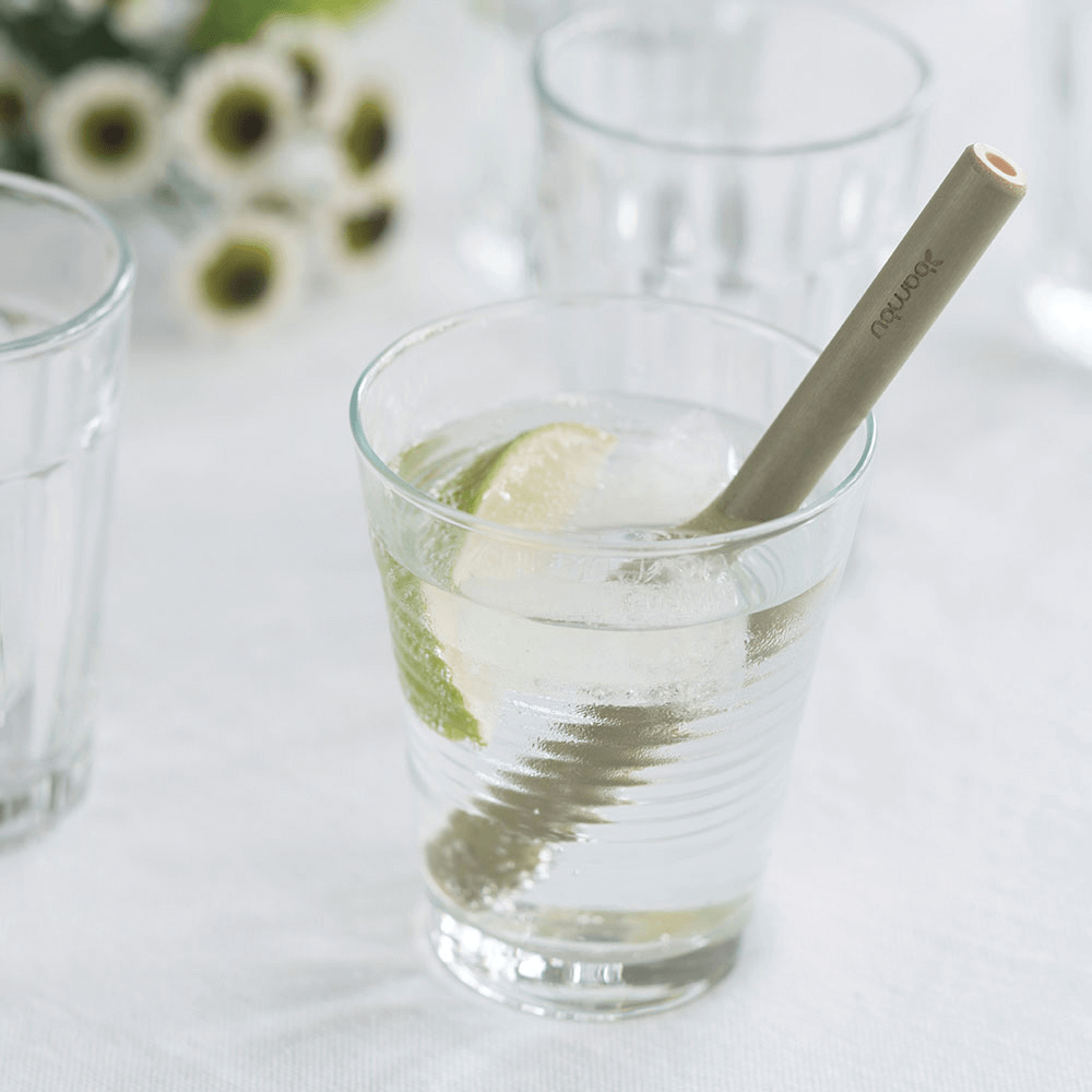 Reusable Short Bamboo Straw in glass with lime