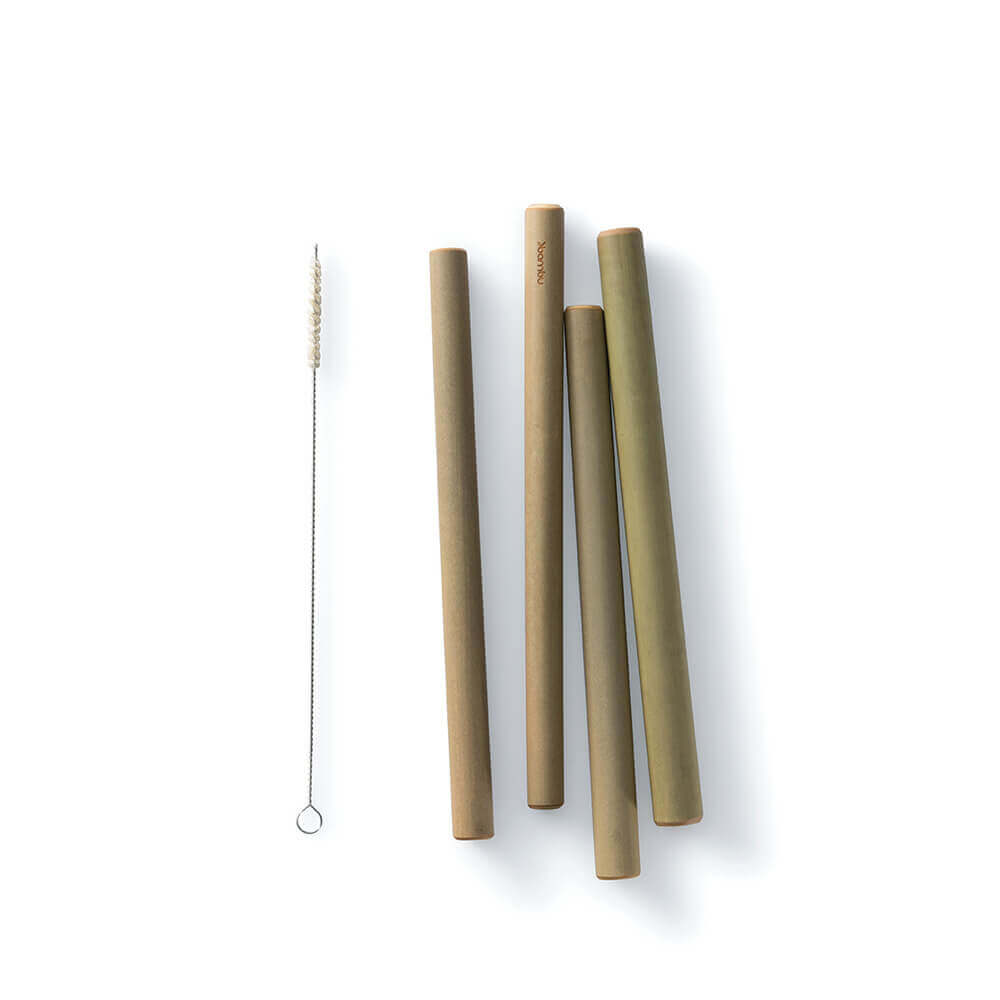A set of 4 Reusable Bamboo Jumbo Straws are shown with a reusable cleaning brush.