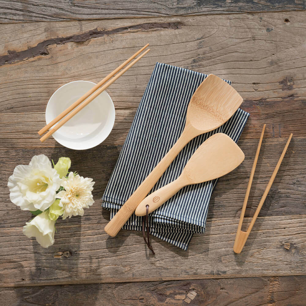 The Asian collection from bambu includes a Bamboo Wok Spatula, Rice Paddle, Small Tongs, and Chopsticks.