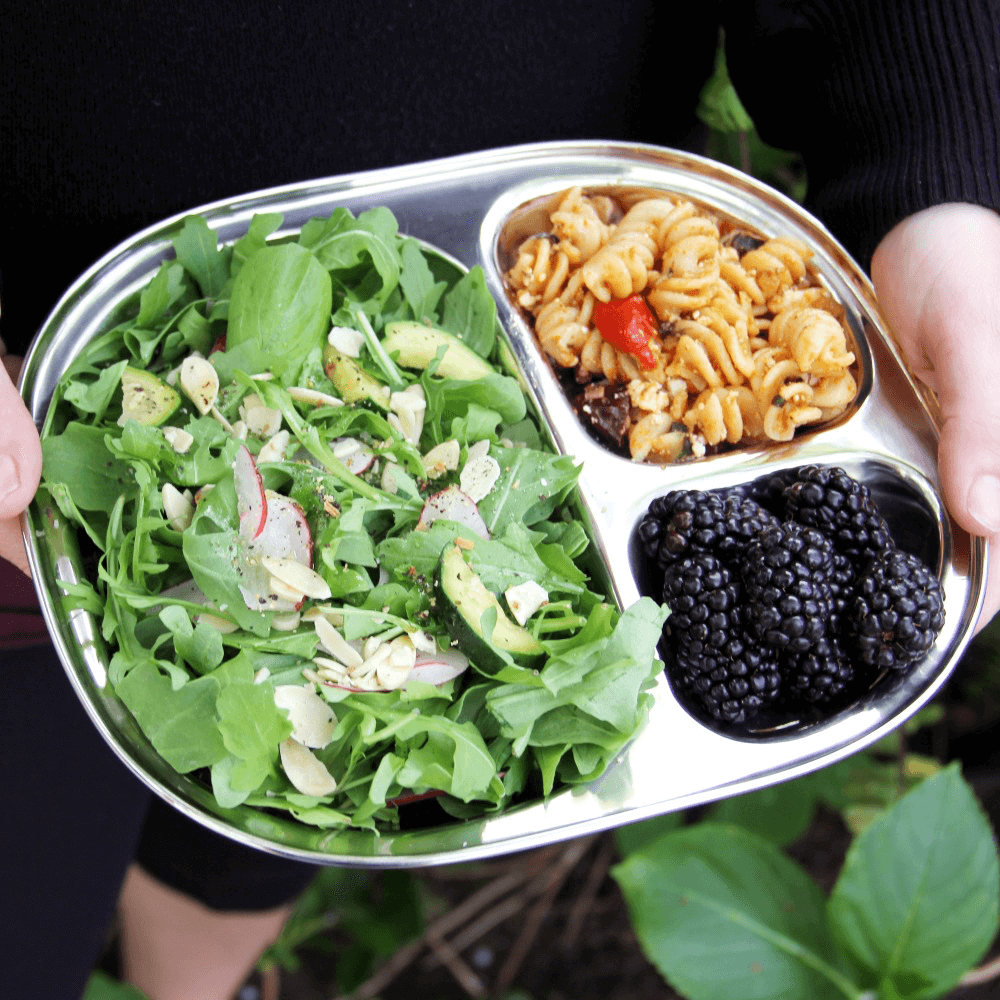 An Eco Lunchbox Camping Tray is ready for mealtime with a salad, pasta, and fruit.