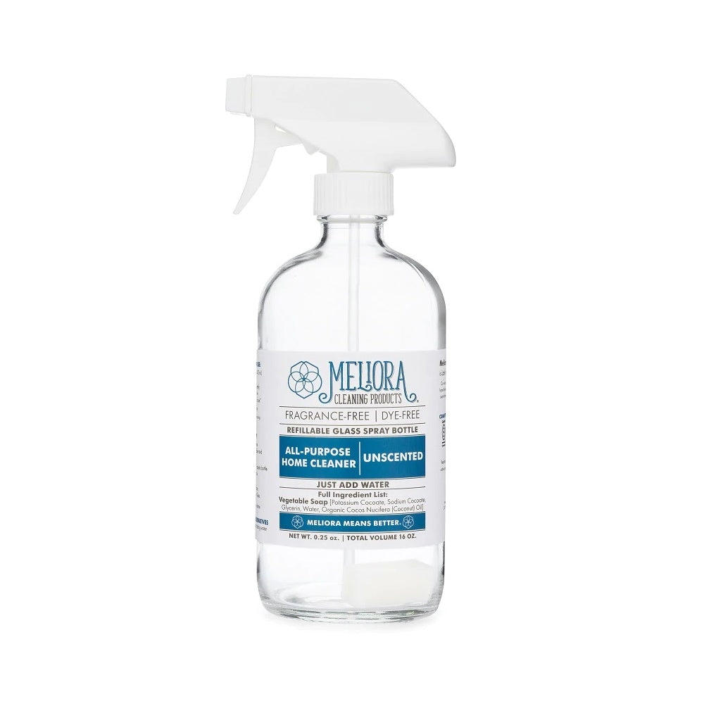 Meliora Cleaning Products: All-Purpose Home Cleaner with glass spray bottle.