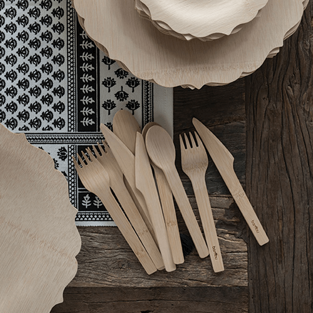 Veneerware® Bamboo Knife, Fork, Spoon Sets with fancy plates